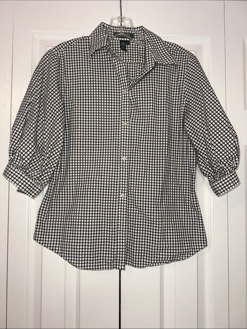 Ralph Lauren Button Up Black Gingham  3/4 puffs  Sleeve  Shirt